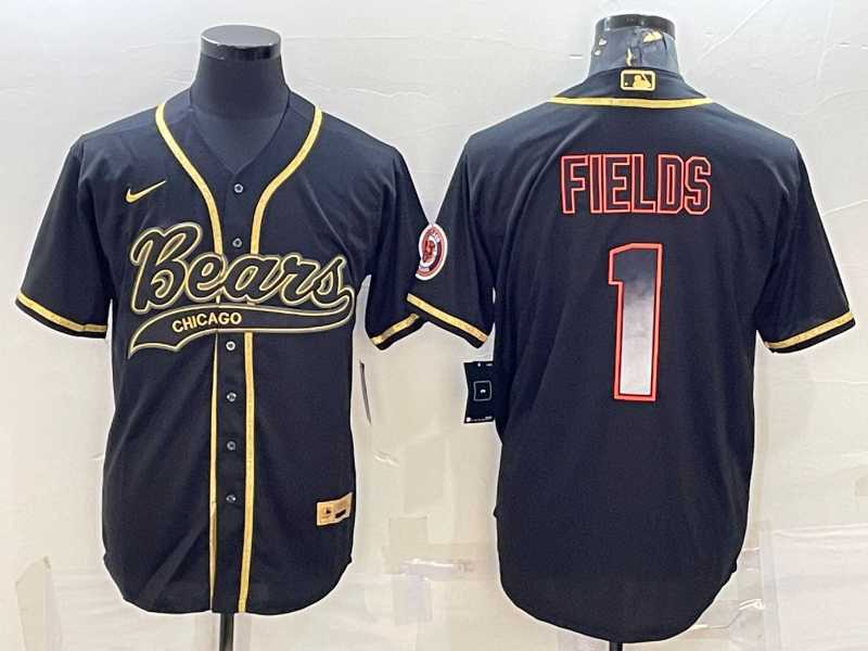 Men%27s Chicago Bears #1 Justin Fields Black Gold With Patch Smoke Cool Base Stitched Baseball Jersey->chicago bears->NFL Jersey